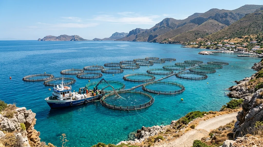Jaulas de acuicultura marina del Egeo frente a la costa turca