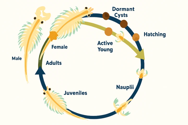 Artemia life cycle diagram: dormant cyst, hatching nauplii, juvenile and adult stages