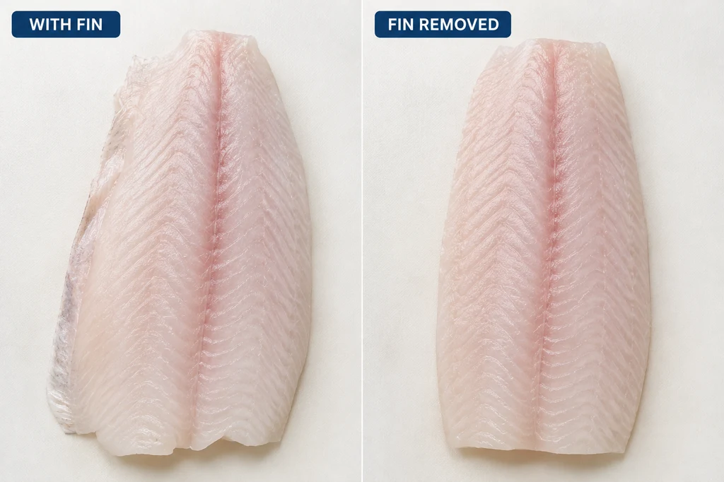 Olive flounder fillet technical cutting specs - with fin versus fin removed