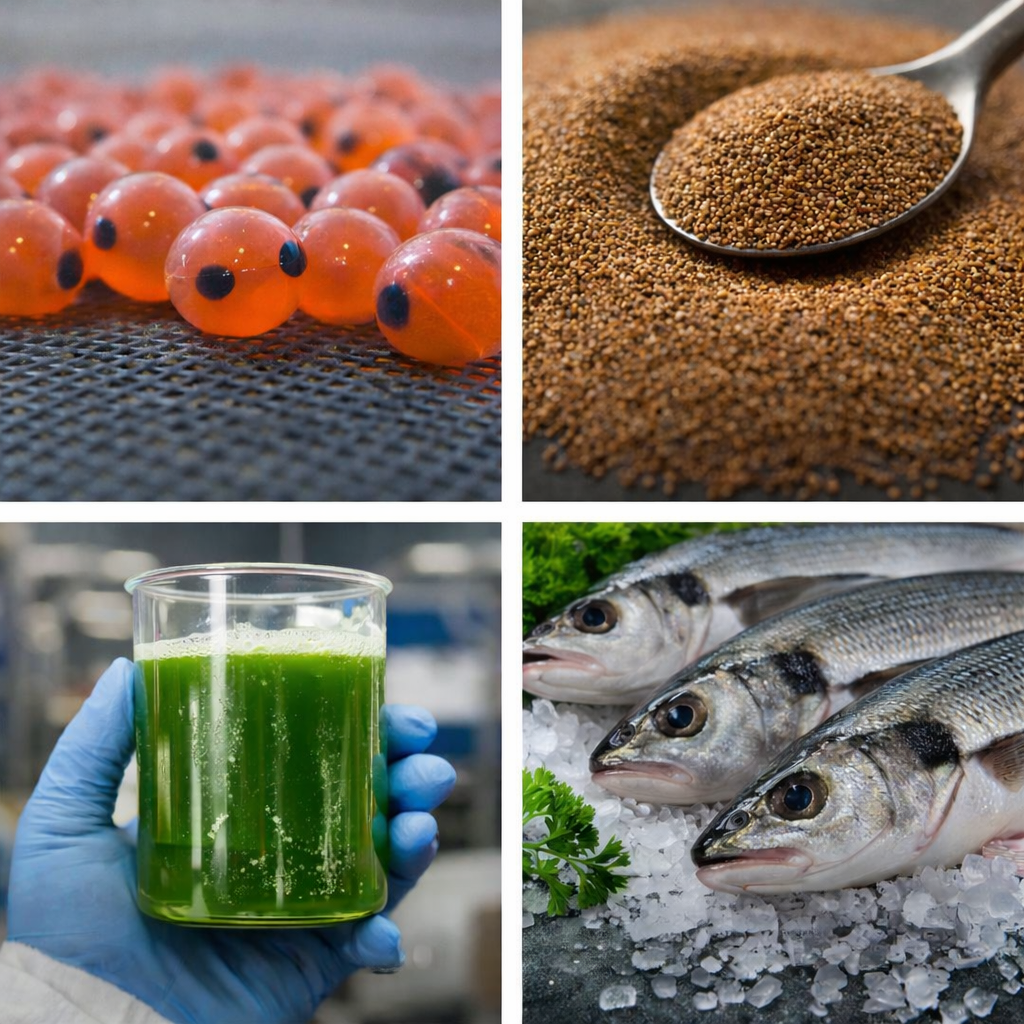 A collage of Eyed Salmon Eggs, Artemia,Chlorella